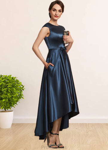 Bella A-Line Scoop Neck Asymmetrical Satin Mother of the Bride Dress With Bow(s) Pockets XXB126P0014976