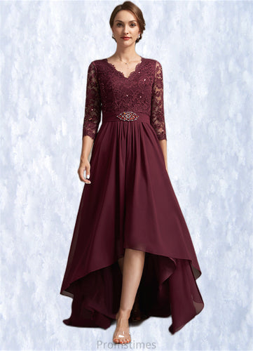 Kathleen A-Line V-neck Asymmetrical Chiffon Lace Mother of the Bride Dress With Beading Sequins XXB126P0014980