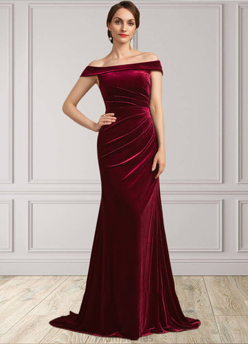 Adelyn Trumpet/Mermaid Off-the-Shoulder Sweep Train Velvet Mother of the Bride Dress With Ruffle XXB126P0014988