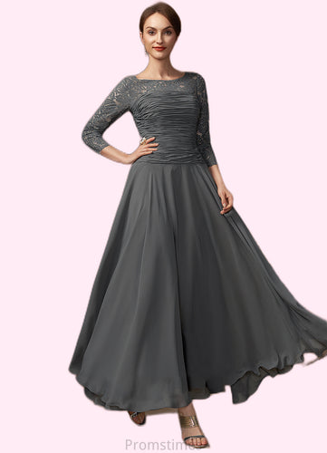 Skylar A-Line Scoop Neck Ankle-Length Chiffon Lace Mother of the Bride Dress With Ruffle XXB126P0014990
