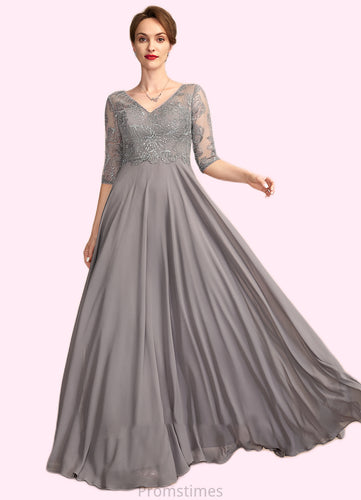 Tessa A-Line V-neck Floor-Length Chiffon Lace Mother of the Bride Dress With Sequins XXB126P0014999