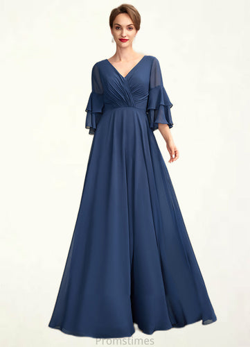 Bella A-Line V-neck Floor-Length Chiffon Mother of the Bride Dress With Cascading Ruffles XXB126P0015003