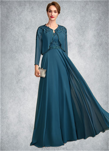 Jaycee A-Line V-neck Floor-Length Chiffon Lace Mother of the Bride Dress With Beading Sequins XXB126P0015004