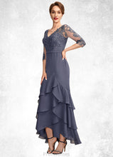 Load image into Gallery viewer, Macy Trumpet/Mermaid V-neck Asymmetrical Chiffon Lace Mother of the Bride Dress With Sequins Cascading Ruffles XXB126P0015007