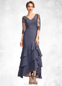 Macy Trumpet/Mermaid V-neck Asymmetrical Chiffon Lace Mother of the Bride Dress With Sequins Cascading Ruffles XXB126P0015007