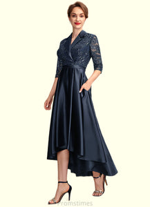 Clara A-Line V-neck Asymmetrical Satin Lace Mother of the Bride Dress With Sequins Pockets XXB126P0015008