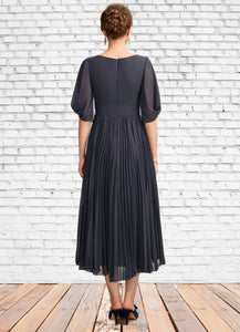 Gracelyn A-Line V-neck Tea-Length Chiffon Mother of the Bride Dress With Pleated XXB126P0015012