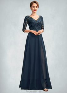 Isabela A-Line V-neck Floor-Length Chiffon Lace Mother of the Bride Dress With Sequins Split Front XXB126P0015014