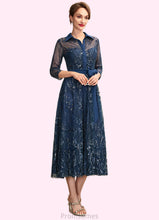 Load image into Gallery viewer, LuLu A-Line V-neck Tea-Length Chiffon Lace Mother of the Bride Dress With Sequins Bow(s) XXB126P0015017