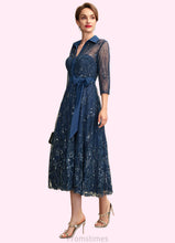Load image into Gallery viewer, LuLu A-Line V-neck Tea-Length Chiffon Lace Mother of the Bride Dress With Sequins Bow(s) XXB126P0015017