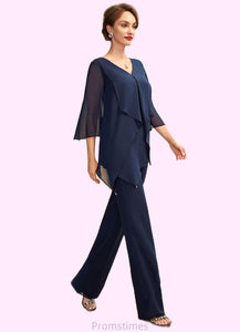Lorna Jumpsuit/Pantsuit V-neck Floor-Length Chiffon Mother of the Bride Dress With Cascading Ruffles XXB126P0015019