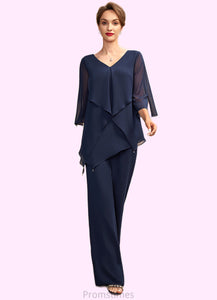 Lorna Jumpsuit/Pantsuit V-neck Floor-Length Chiffon Mother of the Bride Dress With Cascading Ruffles XXB126P0015019
