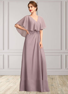Violet A-Line V-neck Floor-Length Chiffon Mother of the Bride Dress With Ruffle XXB126P0015026