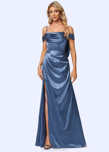 Urania A-line Cold Shoulder Floor-Length Stretch Satin Bridesmaid Dress With Ruffle XXBP0022578