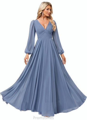 Mira A-line V-Neck Floor-Length Chiffon Bridesmaid Dress XXBP0022579