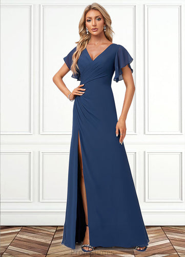 Sylvia A-line V-Neck Floor-Length Chiffon Bridesmaid Dress With Ruffle XXBP0022582