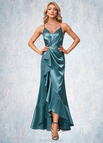 Saige A-line V-Neck Asymmetrical Stretch Satin Bridesmaid Dress With Ruffle XXBP0022584