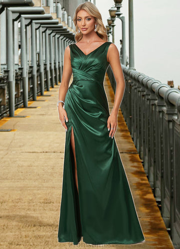 Aspen A-line V-Neck Floor-Length Stretch Satin Bridesmaid Dress XXBP0022590