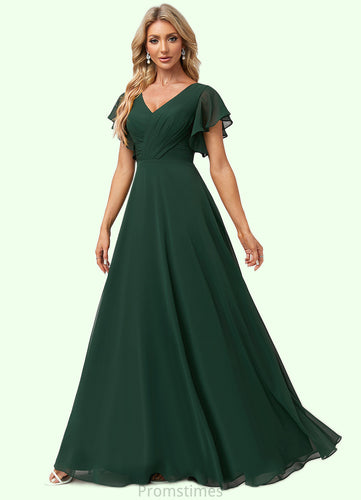 Cali A-line V-Neck Floor-Length Chiffon Bridesmaid Dress With Ruffle XXBP0022591