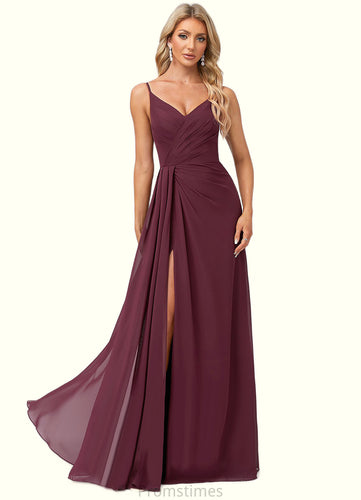 Gina A-line V-Neck Floor-Length Chiffon Bridesmaid Dress With Ruffle XXBP0022611