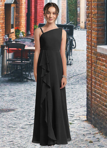 Elaine A-Line Bow Chiffon Floor-Length Junior Bridesmaid Dress black XXBP0022850