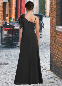 Elaine A-Line Bow Chiffon Floor-Length Junior Bridesmaid Dress black XXBP0022850