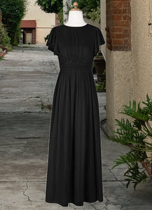 Anaya A-Line Ruched Mesh Floor-Length Junior Bridesmaid Dress black XXBP0022857