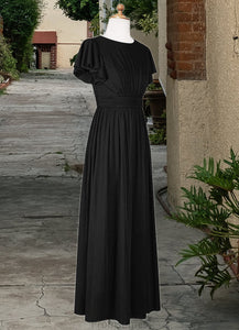 Anaya A-Line Ruched Mesh Floor-Length Junior Bridesmaid Dress black XXBP0022857