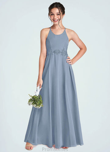 Saniyah A-Line Lace Chiffon Floor-Length Junior Bridesmaid Dress dusty blue XXBP0022860