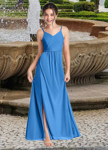 Rayna Pleated Mesh Floor-Length Junior Bridesmaid Dress Blue Jay XXBP0022861