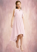 Load image into Gallery viewer, Emma A-Line Ruched Chiffon Asymmetrical Junior Bridesmaid Dress Blushing Pink XXBP0022862
