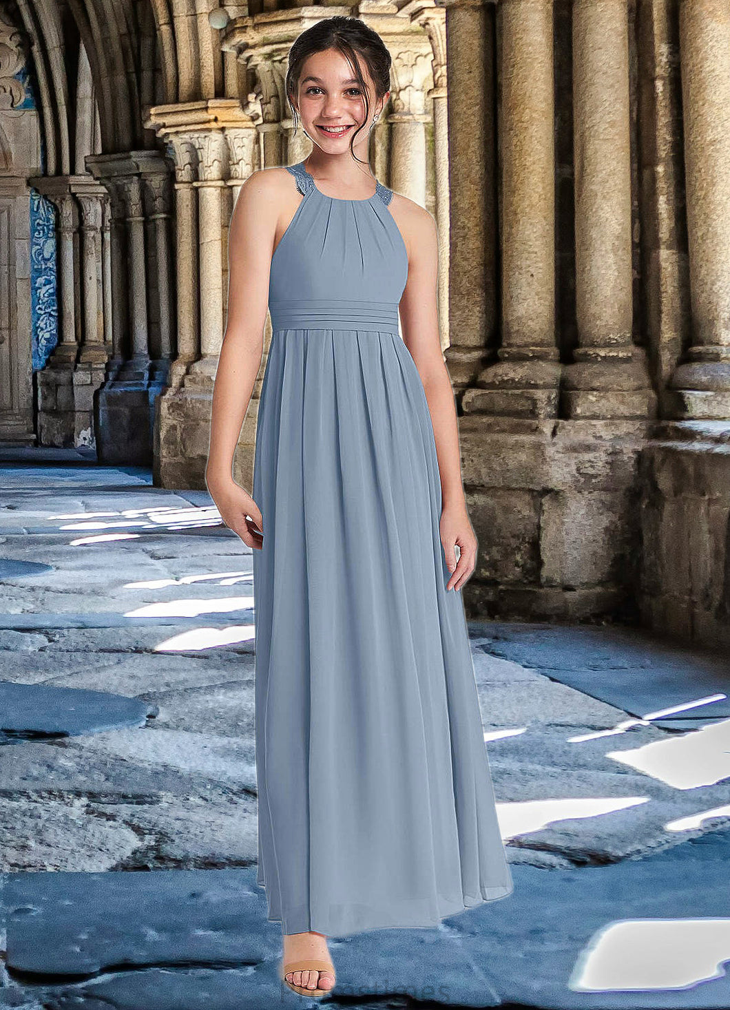 Novia A-Line Lace Chiffon Floor-Length Junior Bridesmaid Dress dusty blue XXBP0022871