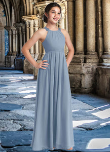 Novia A-Line Lace Chiffon Floor-Length Junior Bridesmaid Dress dusty blue XXBP0022871