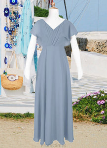 Areli A-Line Ruched Chiffon Floor-Length Junior Bridesmaid Dress dusty blue XXBP0022872