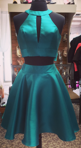 Halter Sleeveless Cut Out Homecoming Dresses Two Pieces Kaitlin Satin A Line Bow Knot Teal Pleated