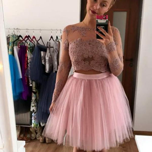 Bateau Long A Line Pink Two Pieces Lace Homecoming Dresses Scarlet Sleeve Appliques Tulle Pleated