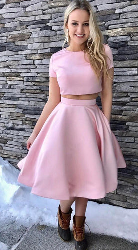 Short Sleeve Jewel Homecoming Dresses A Line Ella Satin Pink Two Pieces Pleated