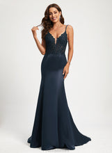 Load image into Gallery viewer, Satin With Saniya Train Sequins Prom Dresses V-neck Trumpet/Mermaid Sweep Lace