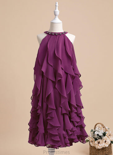Tea-length Chiffon Scalloped - Girl Sleeveless Neck With Dress Beading A-Line Flower Louisa Flower Girl Dresses