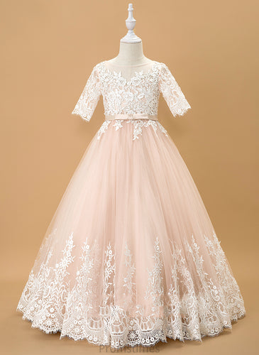 Floor-length Scoop Girl - Flower Flower Girl Dresses Kadence Tulle/Lace Neck Sleeves 1/2 With Ball-Gown/Princess Dress Bow(s)