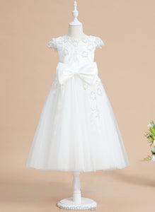 Tulle/Lace A-Line Sequins/Bow(s) Sleeves Short With Tea-length Flower Girl Dresses - Mercedes Neck Girl Flower Dress Scoop