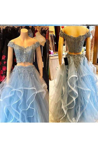 Long 2 Pieces Off The Shoulder Beading Prom Dresses Appliques