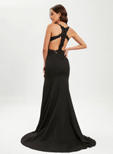 Load image into Gallery viewer, Train Emely With Sequins Prom Dresses Crepe Trumpet/Mermaid Stretch V-neck Sweep Lace