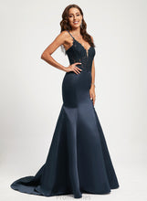 Load image into Gallery viewer, Satin With Saniya Train Sequins Prom Dresses V-neck Trumpet/Mermaid Sweep Lace