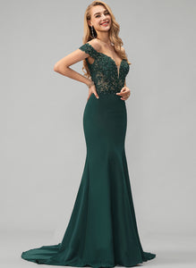 Sequins Jaylin Crepe Beading Train Stretch Prom Dresses Sweep With Trumpet/Mermaid Off-the-Shoulder