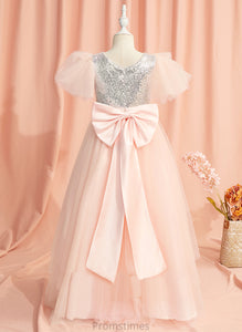 Girl Flower Neck Scoop Flower Girl Dresses With - Dress Celia Beading/Sequins/Bow(s) Sleeves Ball-Gown/Princess Short Floor-length Tulle/Sequined