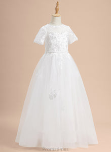 Flower Girl Dresses Short Floor-length Lace/Beading/Sequins With Ball-Gown/Princess Neck Girl Flower Dress - Scoop Adelyn Sleeves Tulle