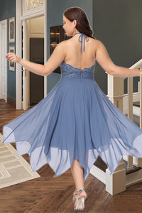Brooklyn A-line Halter Asymmetrical Chiffon Lace Homecoming Dress XXBP0020561