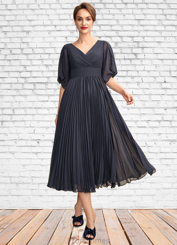 Gracelyn A-Line V-neck Tea-Length Chiffon Mother of the Bride Dress With Pleated XXB126P0015012