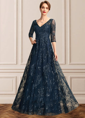Ireland A-Line V-neck Floor-Length Lace Mother of the Bride Dress With Sequins XXB126P0015015